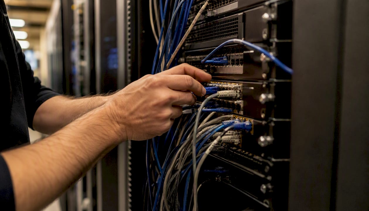 Hands connecting network cables in server room