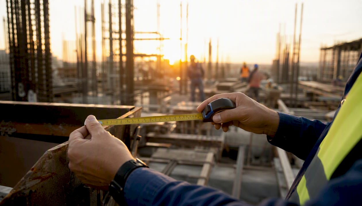 Hands measuring at construction site
