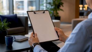 Hands holding clipboard with project checklist