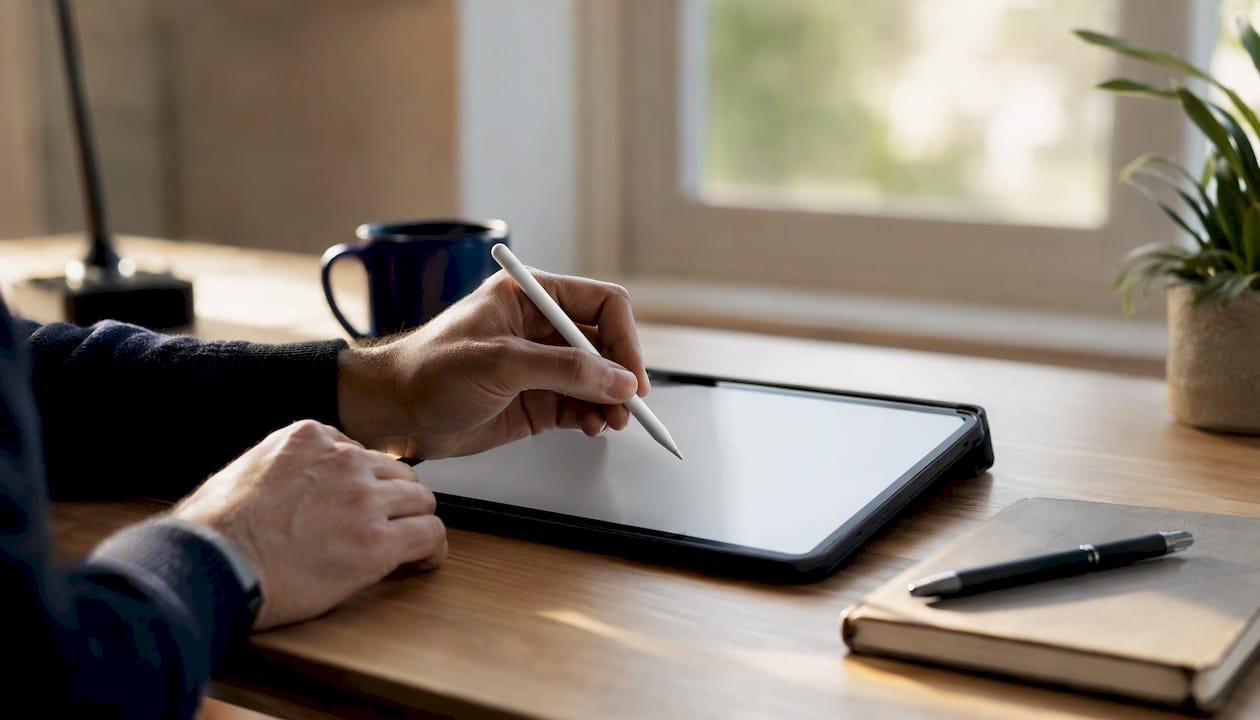 Hands with stylus over blank tablet