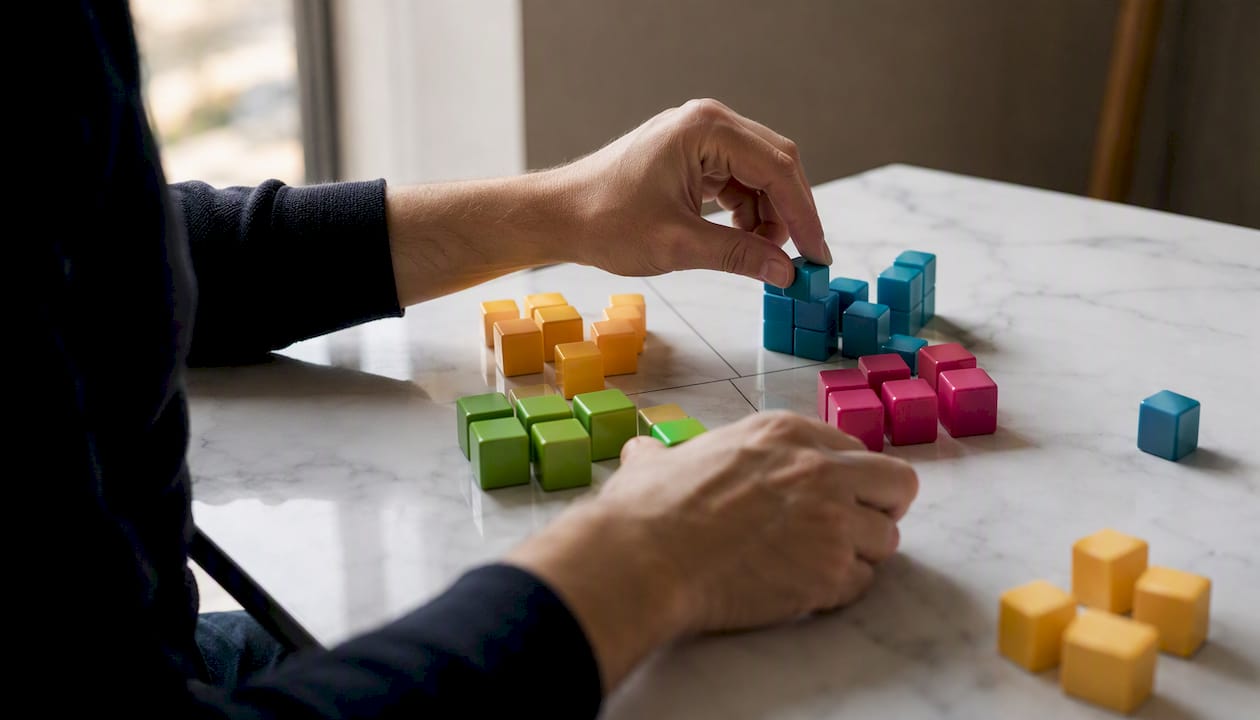 Hands arranging colored blocks on prioritization matrix