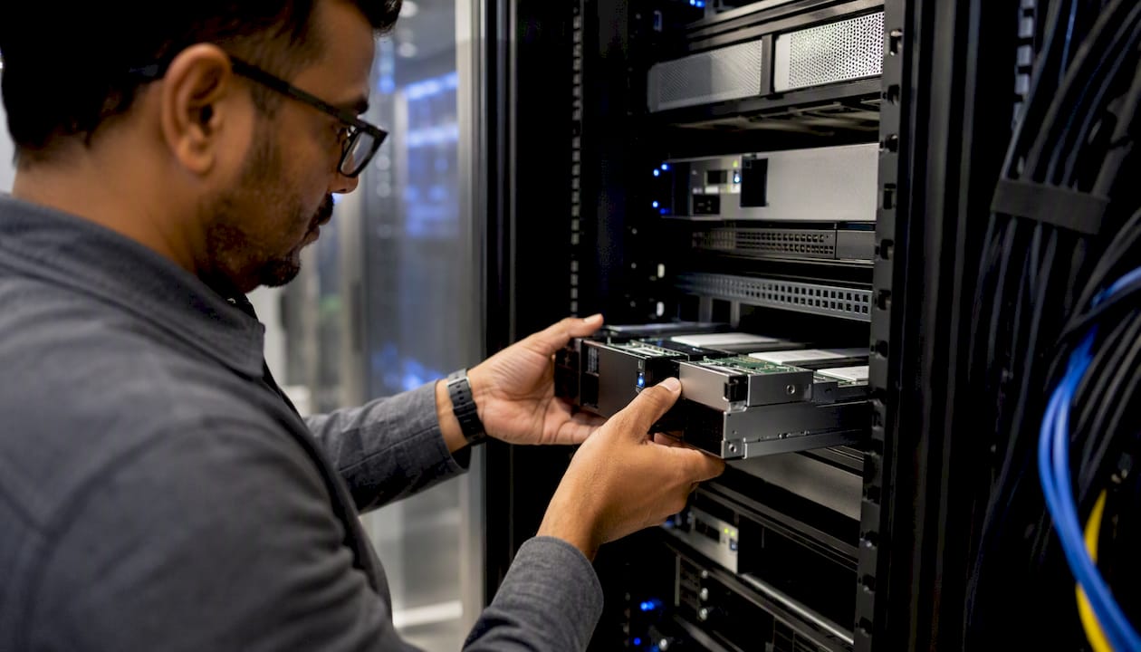 Hands labeling server rack components