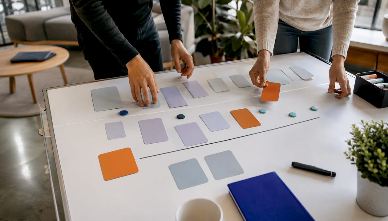 Hands arranging agile task boards