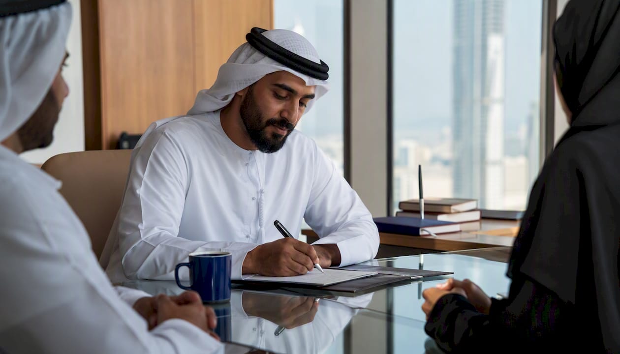 Hands annotating governance matrix in office