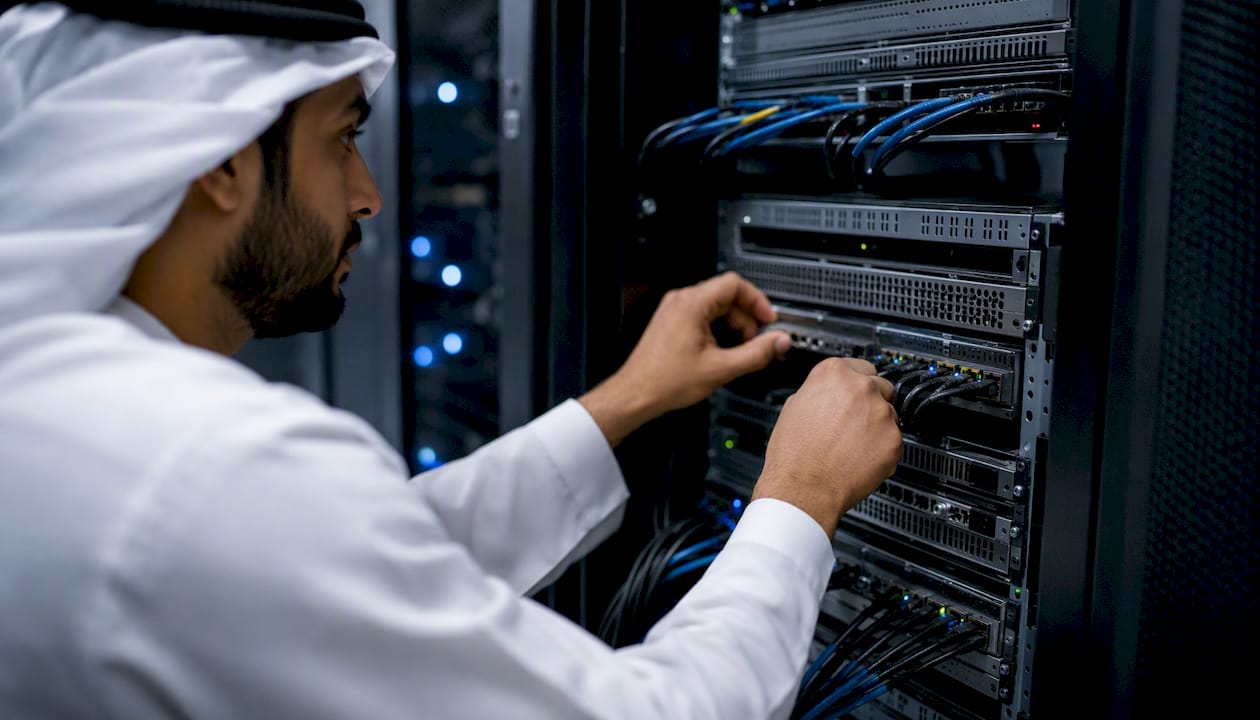 Hands adjusting load balancer hardware in server room