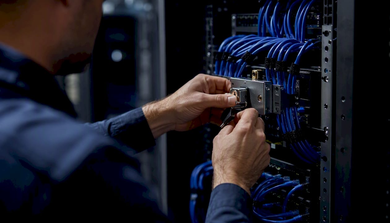 Hands securing network cables in data center