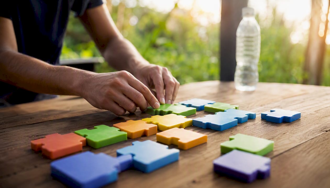 Hands assembling workflow blocks