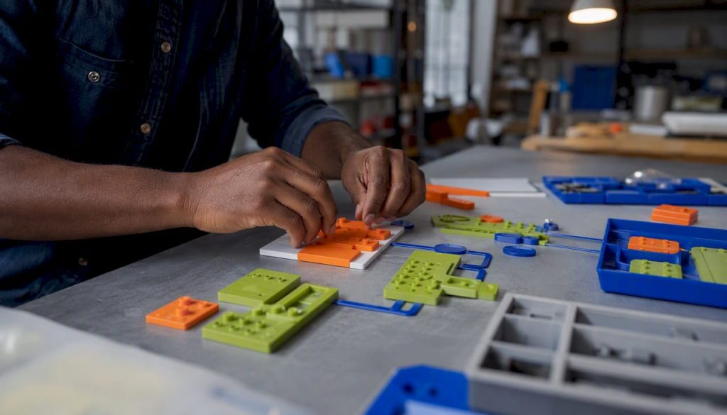 Hands assembling low-code app components