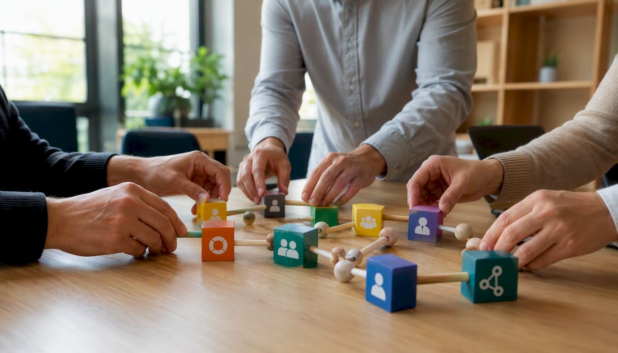 Hands arranging blocks representing team interactions