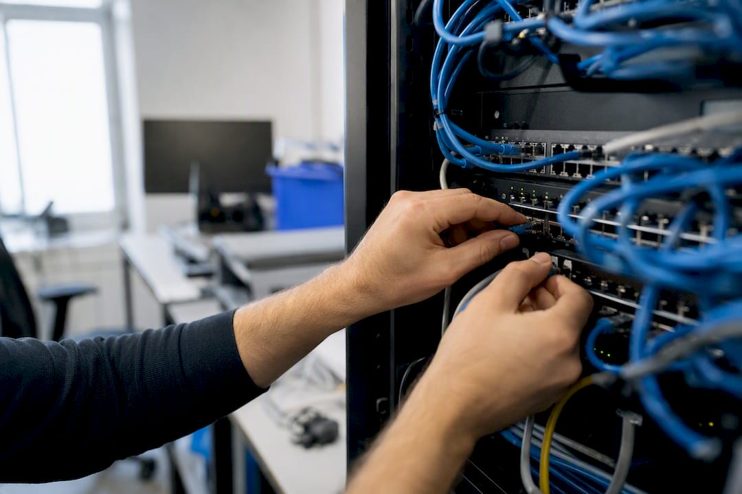 Hands connecting cables in data center