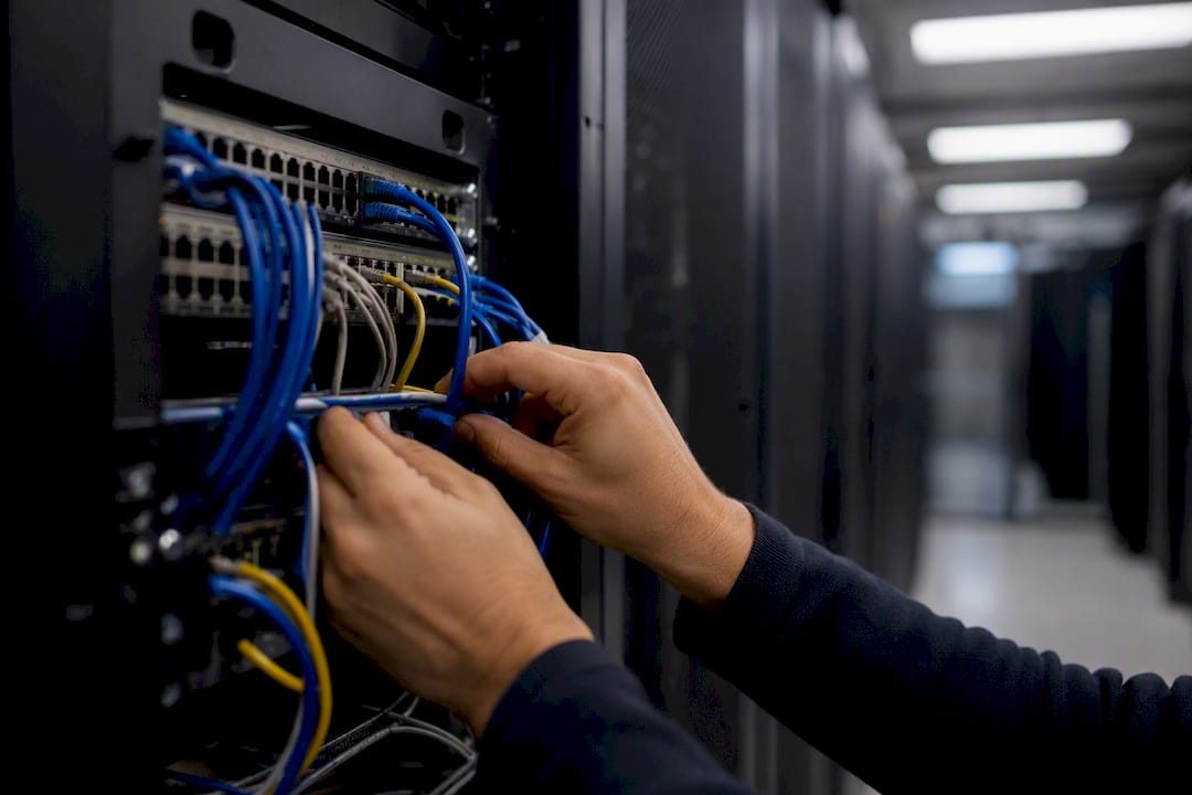 Hands connecting cables in data center rack