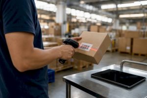Hands scanning package barcode in supply chain
