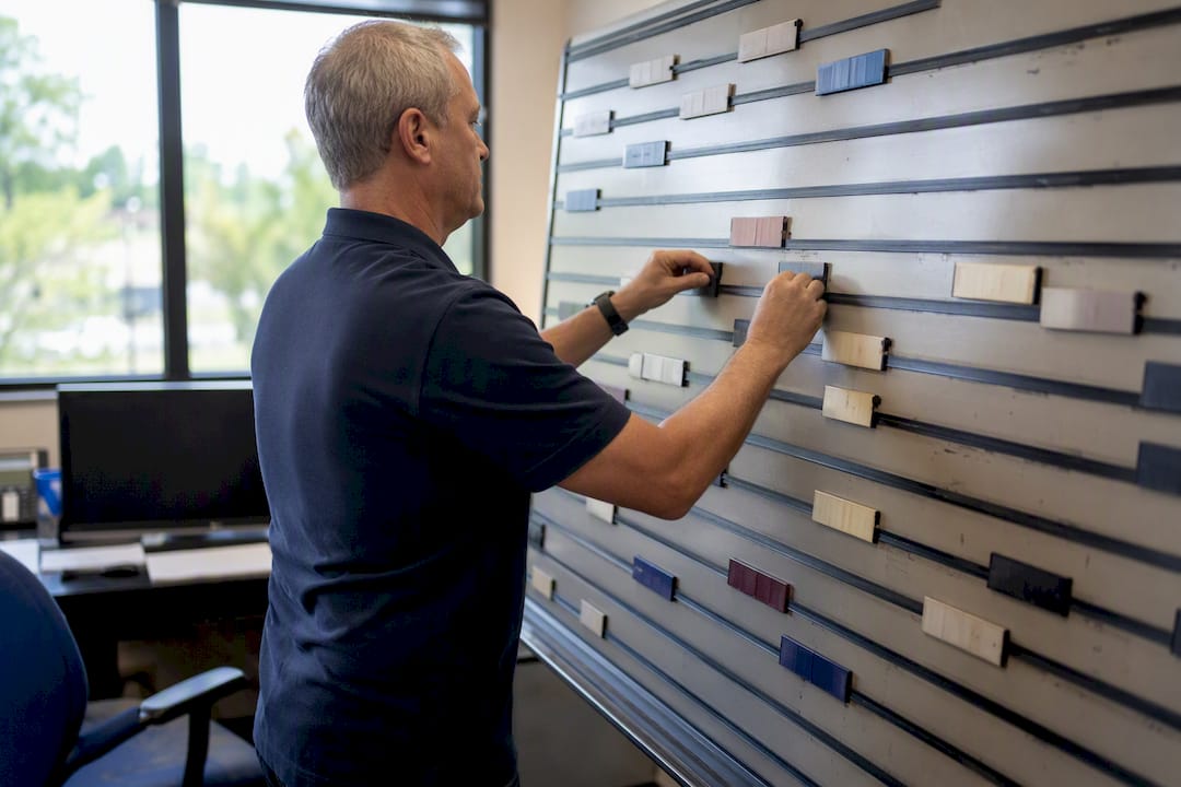 Hands adjusting schedule board tiles