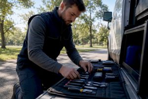 Field technician arranging tools outdoors