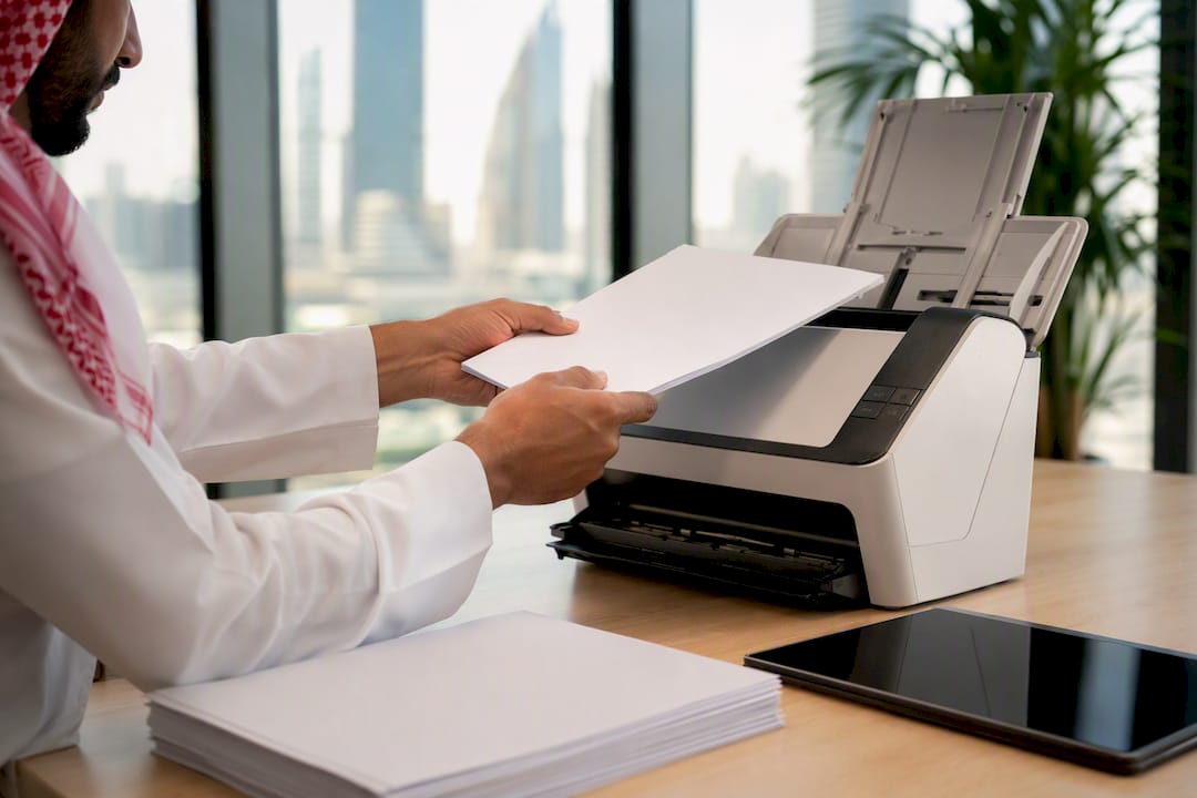 Hands scanning digital invoices on desk