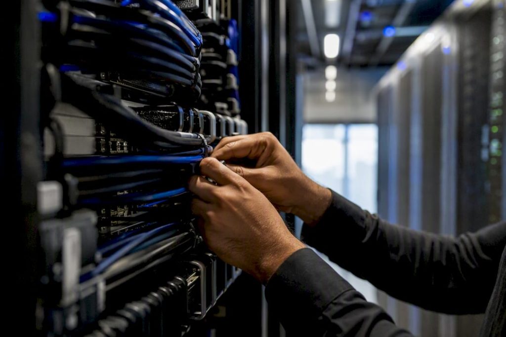 Hands securing cables in server rack