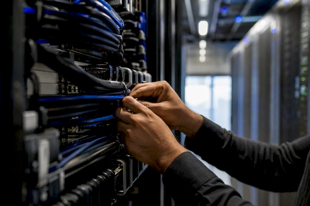 Hands securing cables in server rack