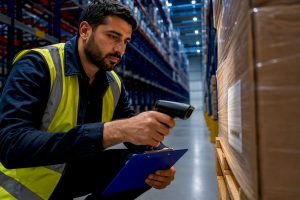 Warehouse specialist verifying inventory data