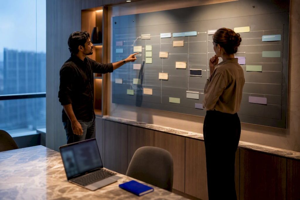 Leaders reviewing offshore team handoff workflow
