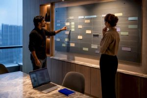 Leaders reviewing offshore team handoff workflow