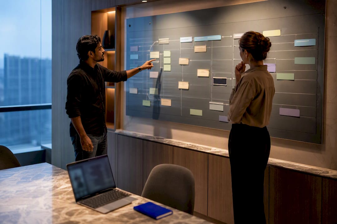 Leaders reviewing offshore team handoff workflow