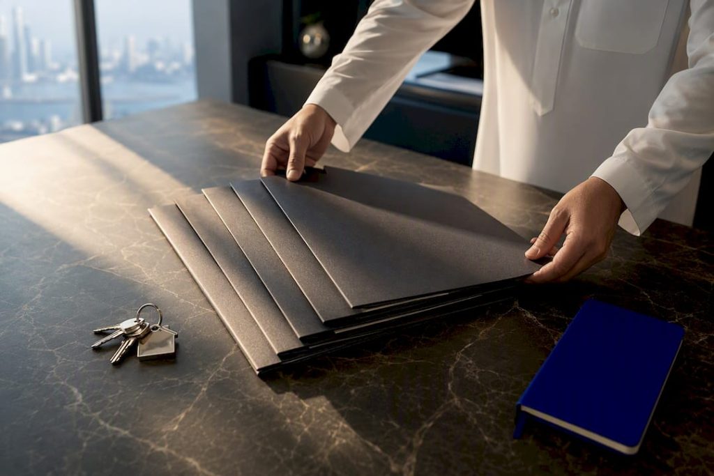 Property manager organizing lease contract folders