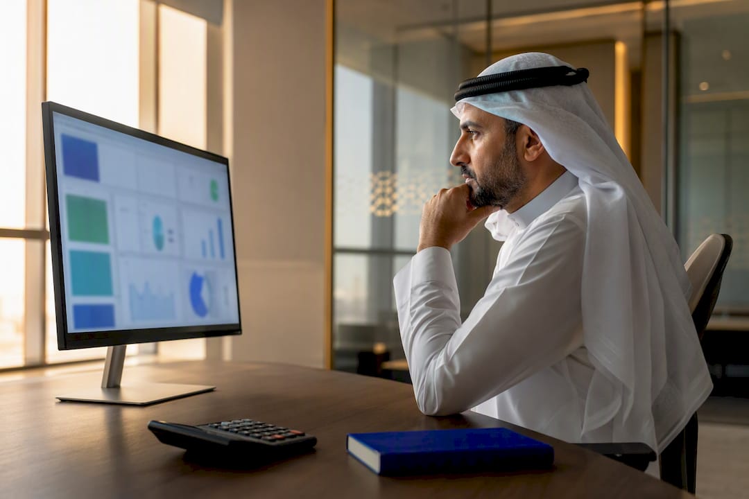 Finance manager reviewing project profitability dashboard