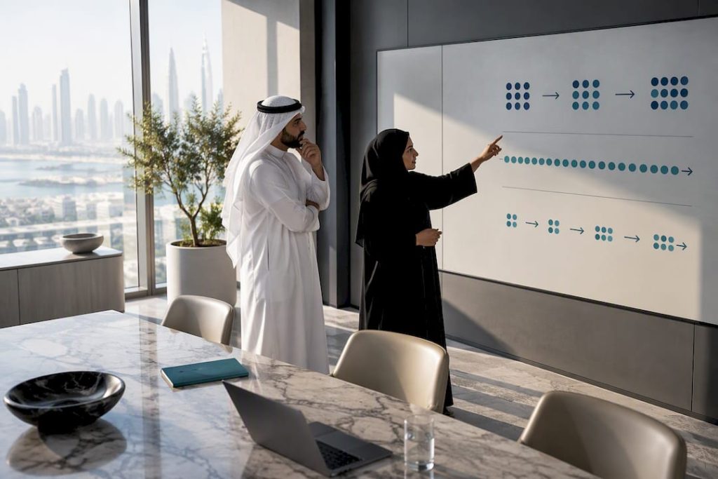 Executives comparing data processing architecture options