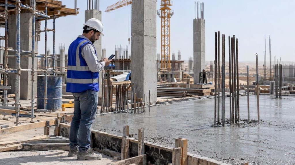 Engineer recording progress at a Saudi construction site