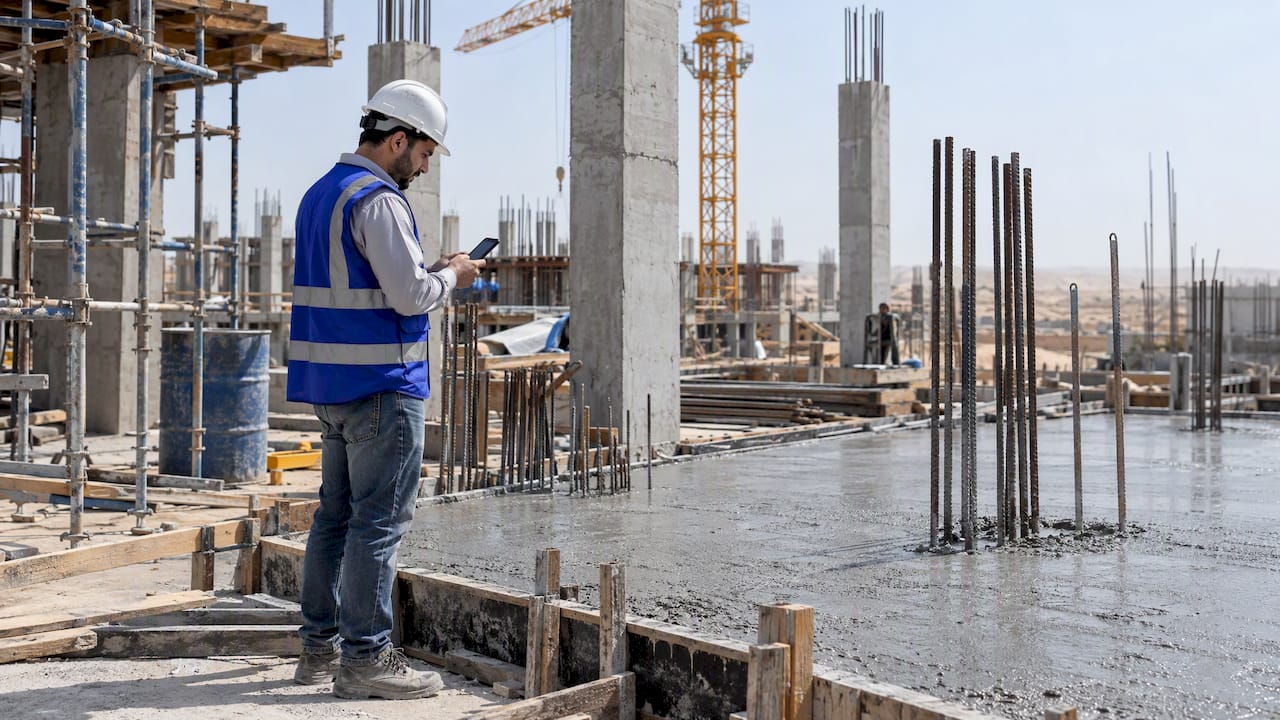 Engineer recording progress at a Saudi construction site