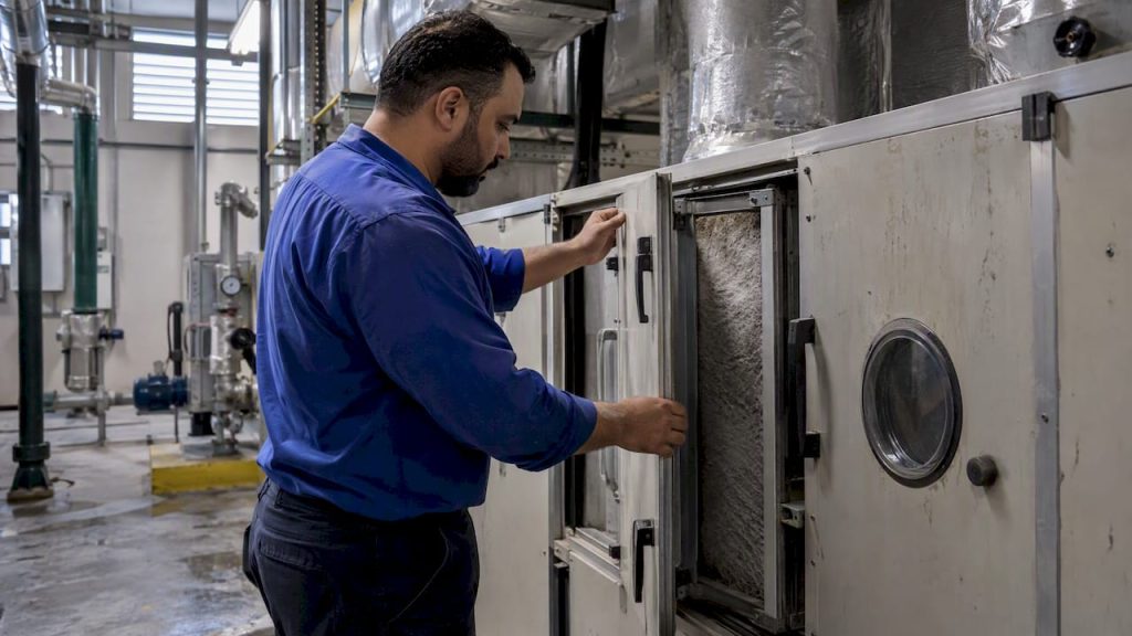 Technician inspecting HVAC equipment in plant room
