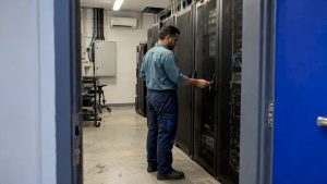 Engineer checking access to an on-premise server rack
