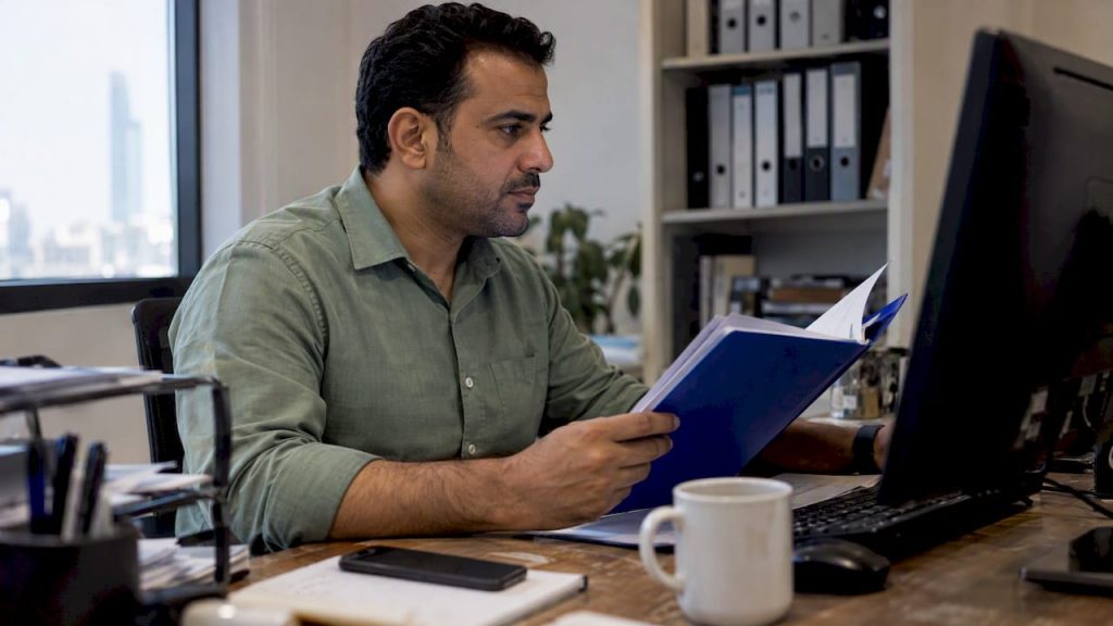 Caseworker reviewing a UAE enterprise case file